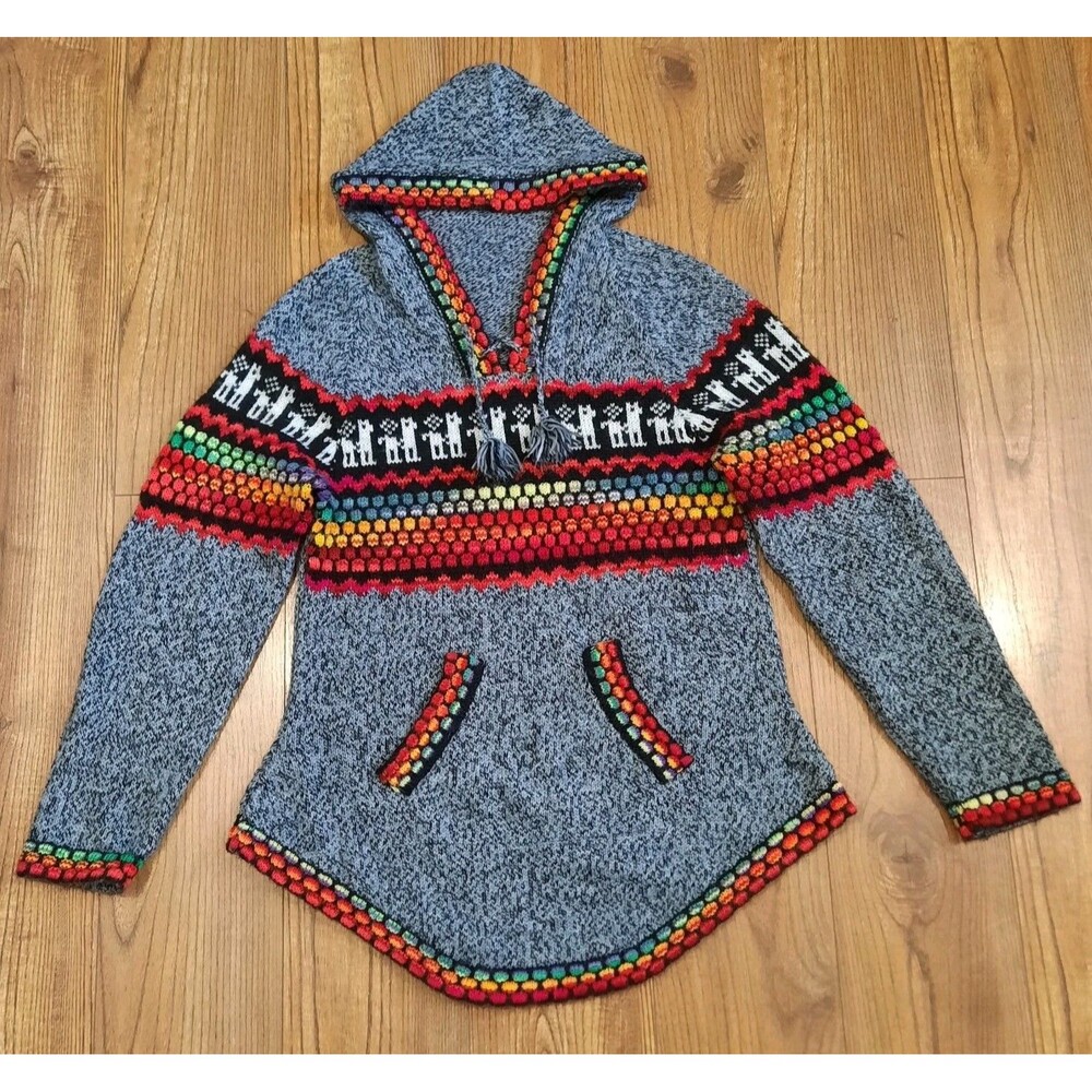 Peruvian Alpaca Knit Hooded Sweater Gray Llama Boho Andean Colorful Pullover